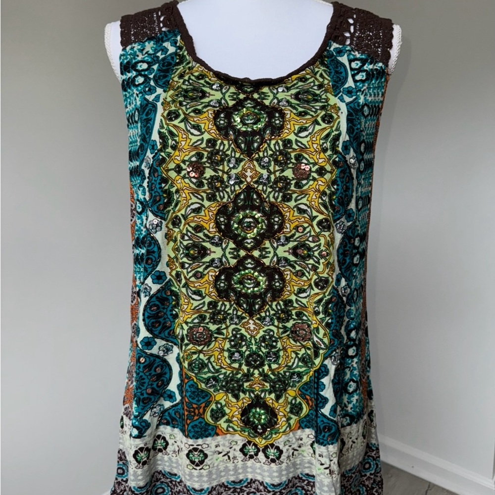 Vtg Bila Boho Tank Top Large Mosaic‎ Print Crochet Strap Sequin India Y2K